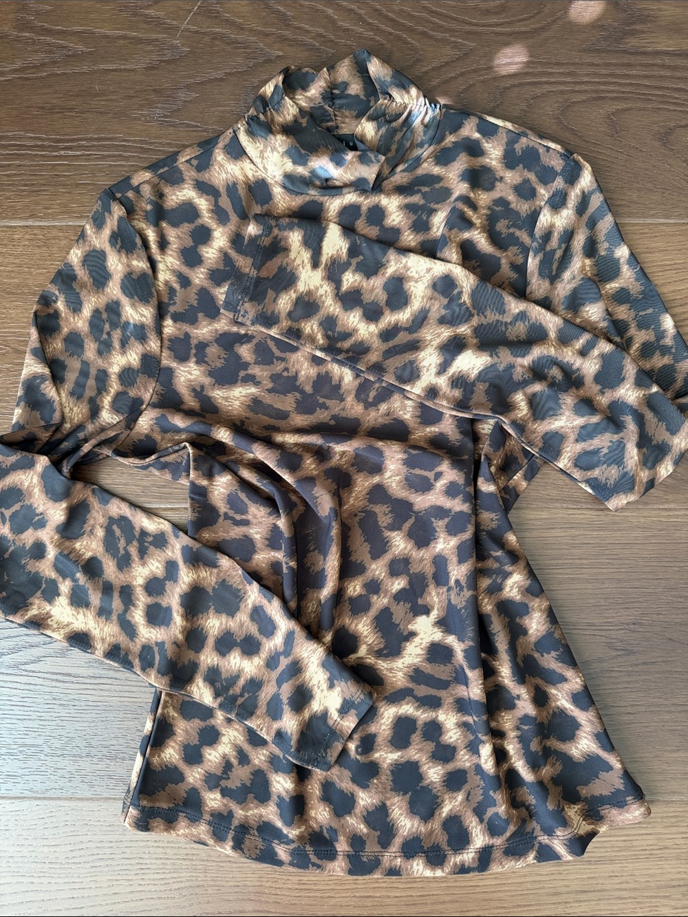 Women's Leopard Print Mesh Long-Sleeve Turtleneck Top - Brown
